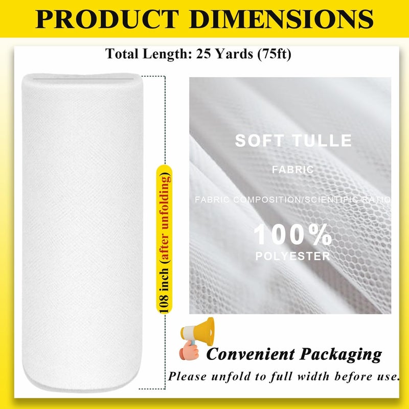 Ableme Deco 108 Inch 25 Yards White Tulle Fabric Roll, Extra Large Matte Tulle Netting Bolt for Wedding Ceiling Drapes Arch Banquet Party Decorations Tutu Skirt Baby Shower DIY Crafts Gift Wrapping (White) - Image 3